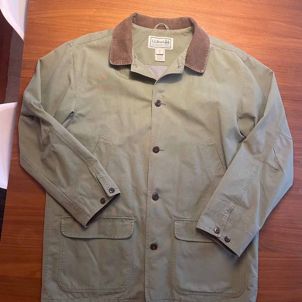 L.L. Bean Men's Green Chore Barn Coat Jacket with Brown Collar XL Tall